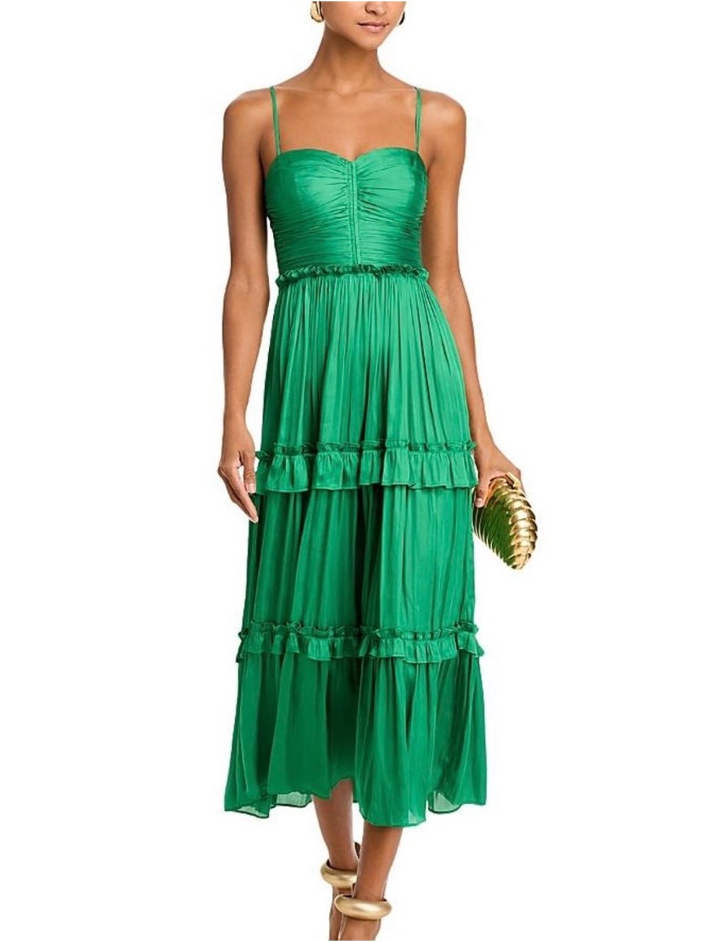 Aqua Emerald Green Tiered Spaghetti-Strap Midi Dress